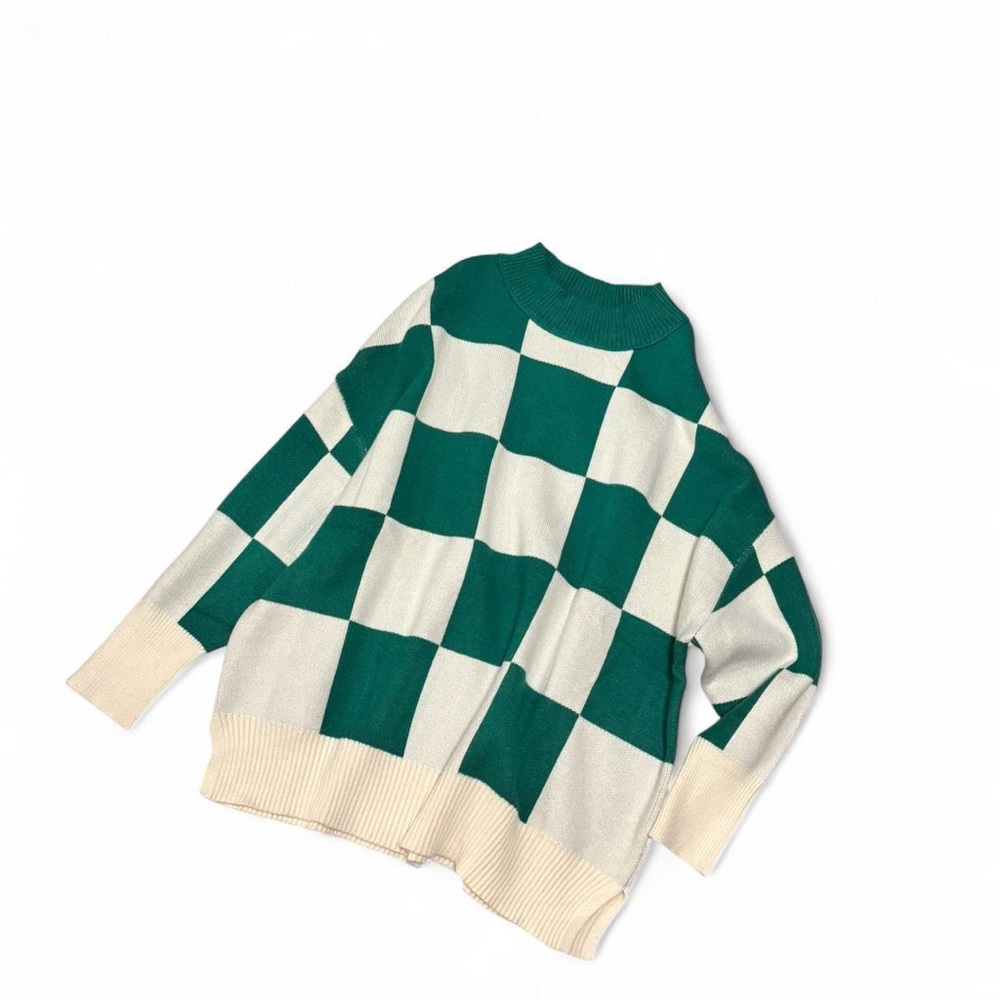 Green & White Checkered Oversized Sweater 💚 Knit Pullover - Size M